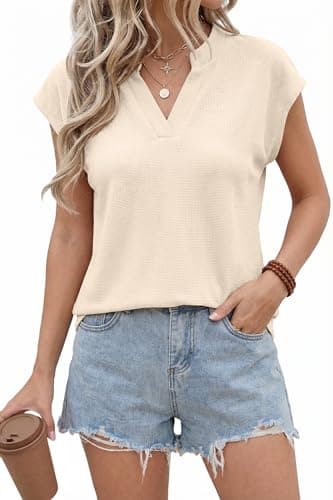 AUMORA Womens Waffle Knit V Neck Cap Sleeve T Shirts Summer Casual Solid Color Basic Tops for Women White - Image 1