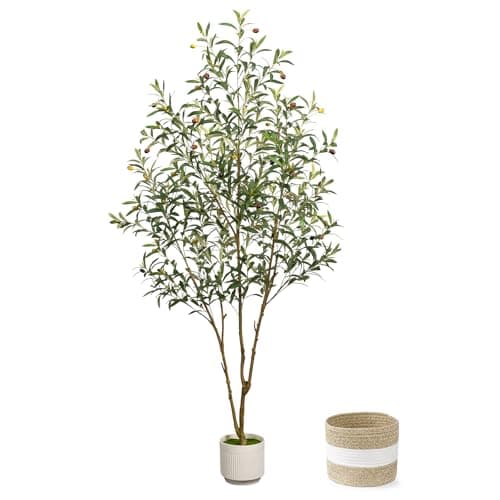 LuceAlberi Artificial Olive Tree 6FT - Tall Faux Olive Trees Indoor with Planter&Cotton Basket, Large Fake Olive Plants Realistic Branches Natural Wood Trunk and Fruits for Home House Office Decor - Image 1