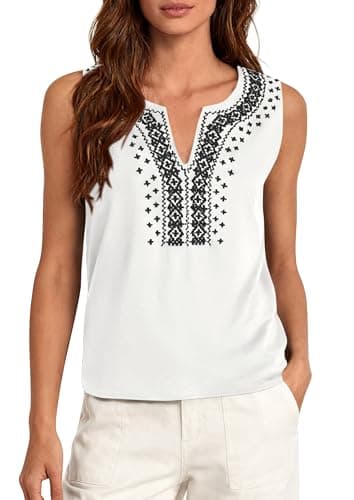 PRETTYGARDEN Womens Tank Tops 2026 Summer Causal V Neck Sleeveless Shirts Floral Print Embroidered Beach Vacation Boho Top(White,X-Large) - Image 1