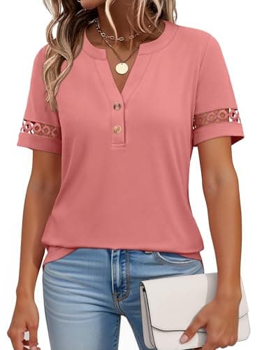 ANRABESS Womens Short Sleeve Tops Henley V Neck Blouses Dressy Casual 2026 Summer Trendy Tee Shirts Work Business Outfits Coral Pink Large - Image 1