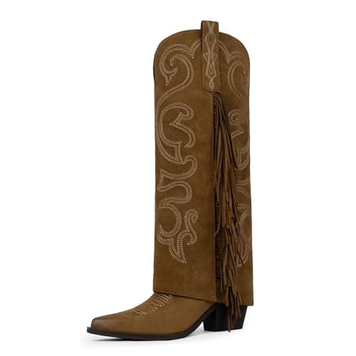 QIY Cowgirl Boots Women Suede Brown Fringe Knee High Boots for Women Cowboy Fold Over Chunky Heel Pointy Toe Cow Boy Wide Calf Boot with Tassels Embroidery Long Western Shark Boot Size 8.5 - Image 1