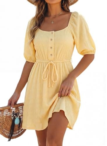 Dokotoo Dresses for Women 2026 Elegant Textured Tie Waist Button Backless Dress Short Lantern Sleeve Square-Neck Ruffle Summer Yellow Dress Plus Size A Line Dresses Small - Image 1