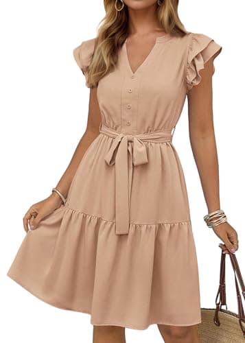 KIRUNDO Summer Dresses for Women 2026 Spring Flutter Sleeve V Neck Ruffle Flowy Tiered Knee Length Beach Vacation Sundress(Khaki, XX-Large) - Image 1