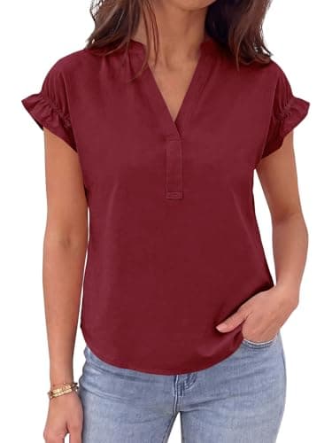 Tankaneo Womens Ruffle Short Sleeve Blouses Summer Casual V Neck Tops Loose Curved Hem Cotton Shirts Burgundy - Image 1