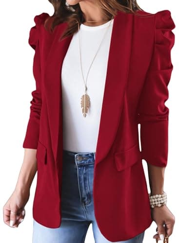 KIRUNDO Women's 2026 Spring Fall Casual Blazers Puff Sleeve Lapel Open Front Work Suit Office Blazer Jackets with Pockets(Red, Small) - Image 1