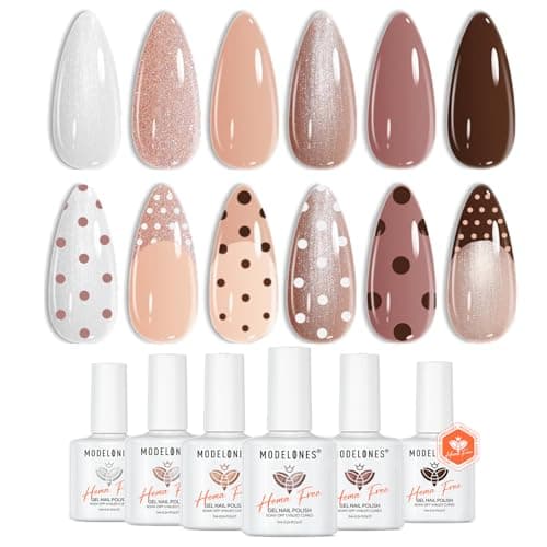modelones Hema Free Gel Nail Polish, 6 Colors TPO Free Nude Brown Skin Tone Polka Dot Nails Design Neut Polish Beige Khaki Gel Polish Set Neutral All Skin Tones Soak Off French Nail Art Manicure - Image 1