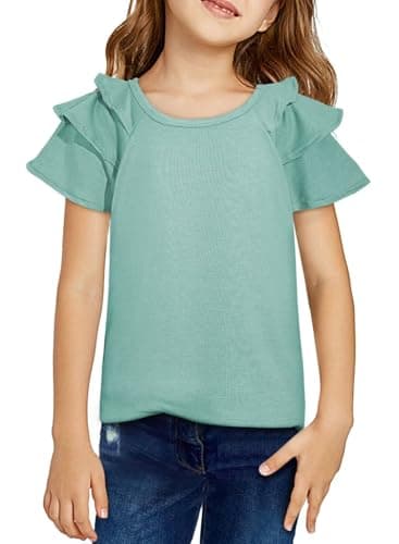 DOKOTOO KIDS Girls Shirts Summer Ruffle Short Sleeve Tee Tops Casual Crewneck Solid Color Blouse Shirt Fashion Clothing for Girl Green 6-7 Years - Image 1