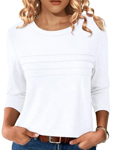 NORACORA 3/4 Sleeve T Shirts for Women Pleated Dressy Crew Neck Casual Business Blouses Trendy Fashion Tunic Basic Tops White XXL - Image 1