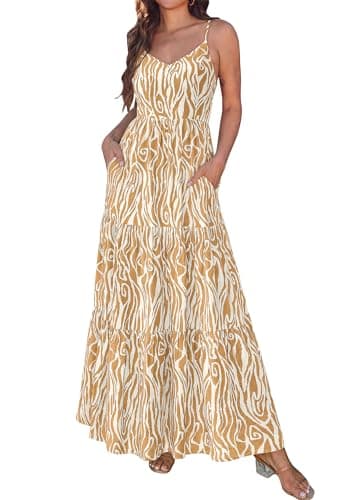 KIRUNDO Maxi Dresses for Women Summer Boho Floral Beach Vacation Sundress Spring Wedding Guest Dress Flowy Cruise Resort Wear(Khaki, X-Large) - Image 1