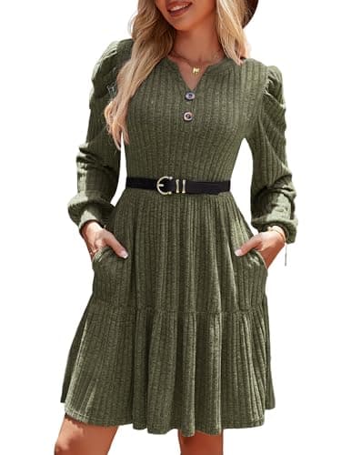 UEAL Casual Fall Dresses for Women Olive Green Long Sleeve V Neck Sweater Dress 2025 Large Army Green - Image 1