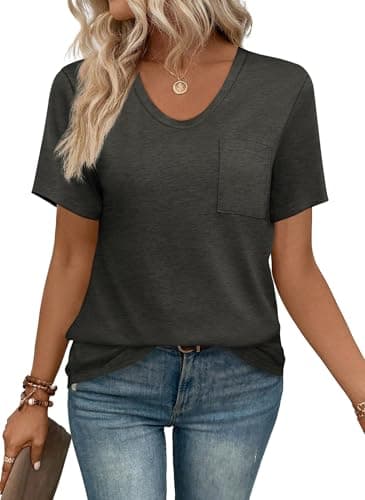 WIHOLL Summer Tops for Women Casual U Neck T-Shirts with Pocket Beach Vacation Clothes Loose Fit Dark Gray M - Image 1
