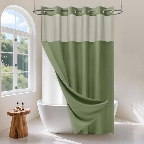 PILOTSHARK No Hook Waffle Weave Shower Curtain Set with Snap-in Fabric Liner and Mesh Top Window,256GSM Heavy Duty Fabric,Green Washable Luxury Shower Curtain for Bathroom Stalls (72x75 Inch) - Image 1