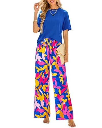 PRETTYGARDEN Women Summer 2 Piece Outfits 2026 Short Sleeve Knit Top Floral Print Belted Wide Leg Pant Sets With Pockets(Floral Blue Multicolored,Small) - Image 1