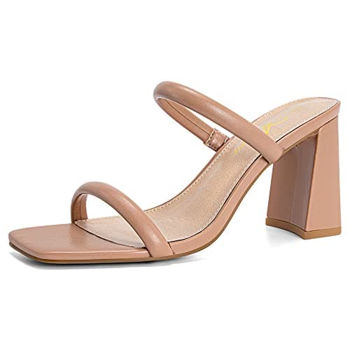 Athlefit Women's Square Open Toe Two Strap Heeled Sandals Slip On Block Chunky Nude Heels Sandals Size 9 - Image 1