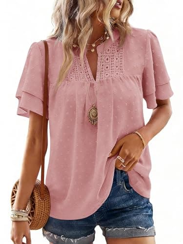 Bellcoco Summer Tops for Women Boho Butterfly Short Sleeve V Neck Blouses Swiss Dot Shirts Dressy Casual Flowy Outfits 2026 Pink S - Image 1