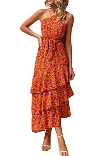 PRETTYGARDEN Women's Summer Floral Sundress Casual One Shoulder Tiered Ruffle Flowy Midi Beach Boho Dresses (Floral Orange Rose Red,Large) - Image 1