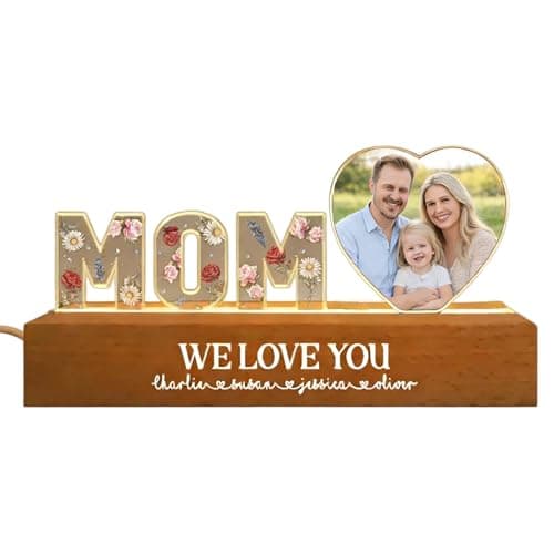 CraffBase Personalized Birth Month Flower Night Light for Mom Custom Name & Photo Acrylic LED Light, Mom's Garden Birth Flower Sign Perfect Birth Flower Gift for Mom Birthday Mother's Day (MOM Heart) - Image 1