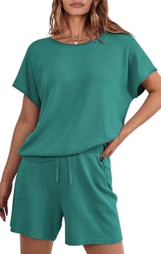 PRETTYGARDEN Two Piece Set For Women Summer Lounge Sets Shorts And Short Sleeve Tops Knitted Matching Travel Vacation Spring Outfits (Light Green,L) - Image 1