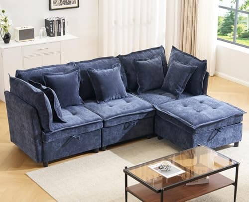 fanzutuz Modular Sectional Sofa, 102.5" L-Shaped Cloud Couch with Storage, 4-Seater Deep Seat Couch with Tufted Cushions & Removable Pillows, Comfy Chenille Couches for Living Room, Blue - Image 1