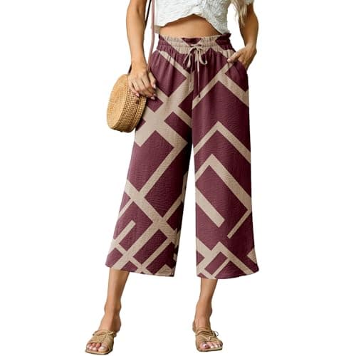 FREEOAK Geometric Pattern Ladies Summer Capris with Pockets High Waist Wide Leg Flowy Cropped Pants Casual Beach Palazzo Style Size Small - Image 1