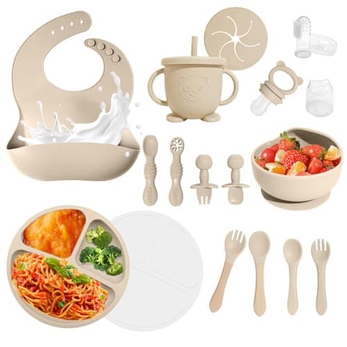 Baby Led Weaning Supplies, 17 Piece BPA-Free Silicone Feeding Set, Eating Essentials Baby Utensils with Suction Plate and Bowl, Pocket Bib, Sippy Cup with Lid, for 6+ Months, Beige - Image 1