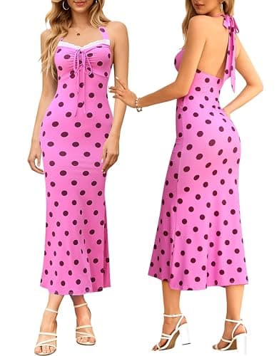 OVGEOU Women's Going Out Dresses Halter Neck Dress Cute Bow Tie Backless Summer Maxi Dress Sexy Sleeveless Bodycon Pink - Image 1