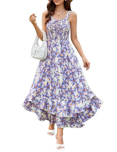 GRACE KARIN Women's 2025 Summer Floral Boho Dress Square Neck Strapped Swing A Line Sundress Beach Long Maxi OutfitsBlue Floral 2XL - Image 1