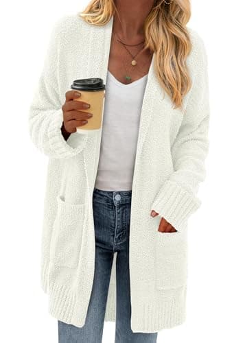 KIRUNDO Cardigan Sweaters for Women 2026 Fall Chunky Fuzzy Knit Open Front Loose Long Sleeve Sweater Coats Winter Clothing(White, X-Large) - Image 1