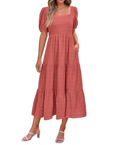 PRETTYGARDEN Women's Summer Dresses 2026 Puff Sleeve Square Neck High Waist Smocked A-Line Flowy Loose Fit Midi Dress(Bean Paste Pink,XX-Large) - Image 1