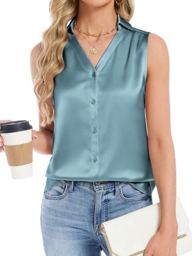 Funlingo Womens Tank Tops Trendy Spring Sleeveless Camisoles Collared Top Dressy Casual Pleated Satin Silk Shirts Work Shirts Turquoise M - Image 1