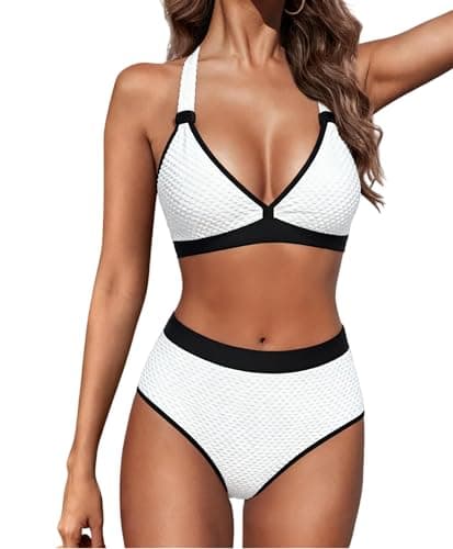 Bikini Sets for Women, Halter Deep V Neck Swim Suits for Women 2025, Cute Two Piece White - Image 1