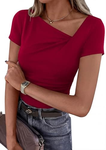 PRETTYGARDEN Women's 2026 Summer Asymmetrical Y2K Tops Trendy Ribbed Short Sleeve Fitted Tee Shirts Spring Fashion Clothing (Red,Medium) - Image 1