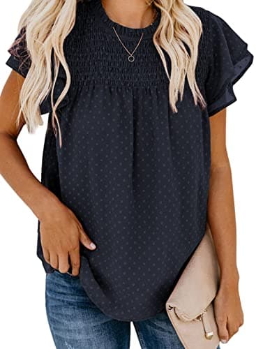 Dokotoo Women's Fashion 2026 Summer Ruffle Short Sleeve Crew Neck Tops Lace Pom Pom Smocked Basic Tee Shirts Back Self Tie Flowy Chiffon Blouses Blue S - Image 1