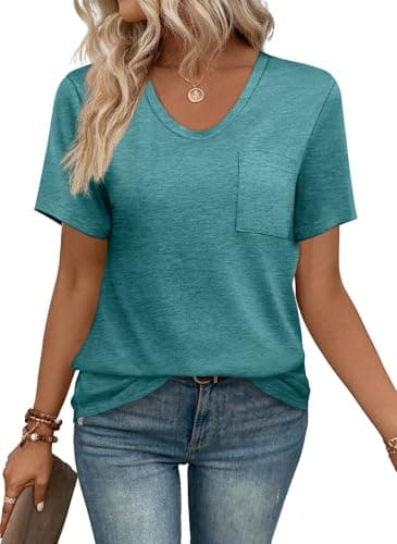 WIHOLL T Shirts for Women V Neck Loose Fitting Casual Tops Green Gray XL - Image 1