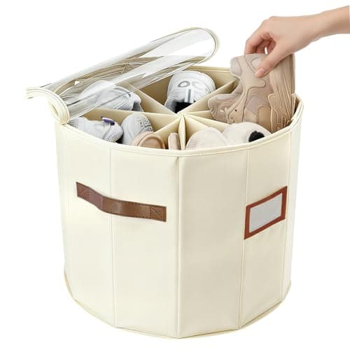 Farafox Round Shoe Organizer for Closet - Foldable Shoe Storage Bin with Clear Lid Compact Zapateras Sandals Organizer Box for Small Spaces Under Bed - D16.9×H13.0 - Image 1