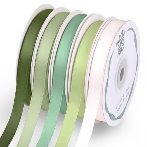 woric Double Faced Sage Green Satin Ribbon 3/8 Inch x 5 Rolls Total 50 Yards, 10 Yd/Roll Thin Spring Easter Craft Ribbon for Gift Wrapping Baby Bridal Shower Hair Bows Wedding Decorations - Image 1