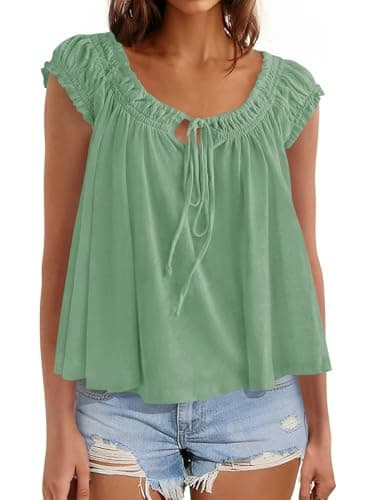 Beloyoni Womens Babydoll Tops Summer Tie Front Cap Sleeve Tank Top Dressy Casual Loose Fit Peplum Blouses Cute Flowy Shirts Light Green M - Image 1