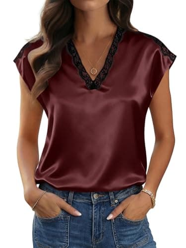 Tankaneo Womens Silk Satin Tank Tops Lace V Neck Cap Sleeve Summer Blouse Dressy Casual Loose Fit T Shirts Burgundy - Image 1