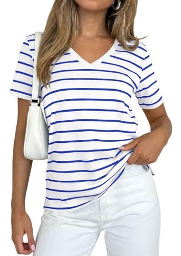 PRETTYGARDEN Short Sleeve Shirts for Women 2026 Spring V Neck Cute Tops Casual Striped Shirt Knitted Tees Summer Outfits (Striped White Blue,Medium) - Image 1