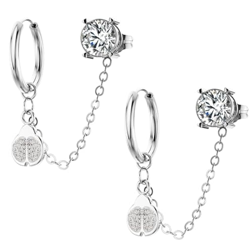 Chain Earrings for Women - Double Piercing Dangle Chain for Women, Detachable Huggie Hoop Earrings with Cubic Zirconia Studs & Ladybug Dangle Design, 316L Surgical Steel Hypoallergenic - Image 1