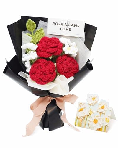 Crochet Flower Bouquet Handmade Red Roses Artificial Flowers with Card Unique Mothers Day Graduation Birthday Gifts for Women Mom Girlfriend Wife Eternal Flores Knitting Decorations Home Decor - Image 1