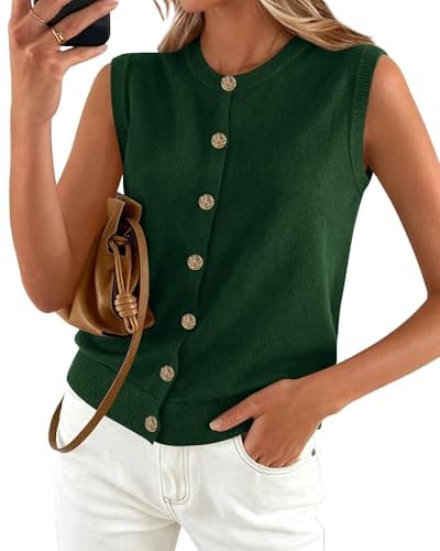 BTFBM Sweater Vest Women Casual Crewneck Button Down Knit Sleeveless Cardigan 2026 Spring Clothes Summer Vests Tops(Dark Green, X-Large) - Image 1