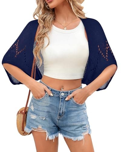 BB&KK Women's Summer Batwing Cardigans Open Front Hollow-Out Knit Cropped Short Sleeve Shrugs Sweater Navy Blue M - Image 1
