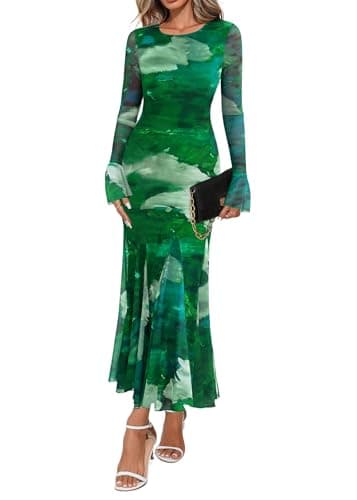Lazysmile Women's Long Sleeve Floral Maxi Dresses Fall Formal Crewneck Bodycon Mesh Ruffle Wedding Guest Cocktail Party Dress Dark Green - Image 1