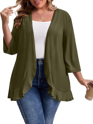 MK Shop Limited Plus Size Cardigan for Women Casual 3/4 Sleeve Lightweight Soft Open Front Cardigans with Pockets Army Green 5XL - Image 1