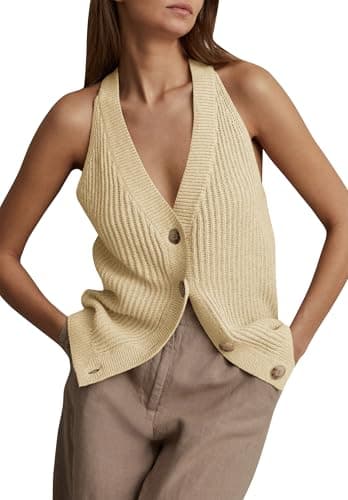 Women Sweater Vest Button Down V Neck Sleeveless Knit Tank Top Cardigan Vest Apricot M - Image 1