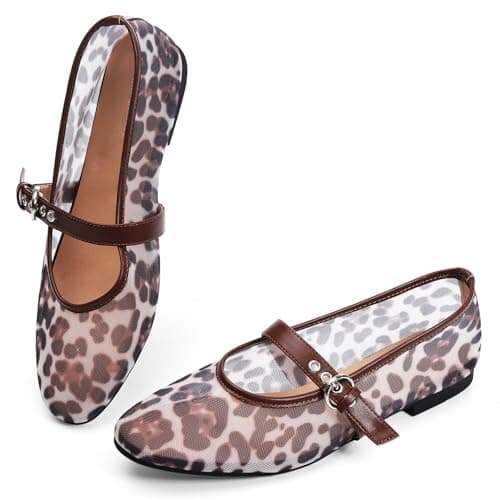 Leopard Flats for Women Mesh Ballet Flats Mary Jane Animal Print Shoes Slip On Casual Breathable Ballerina Flats - Image 1