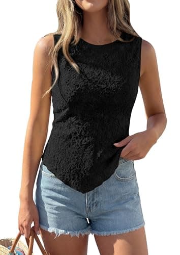NALANISA Womens Sleeveless Crew Neck Tank Top Slim Fitted Summer Spring Basic Cute Crochet Tops 2026 Going Out Y2K Asymmetrical Shirts (Black,M) - Image 1
