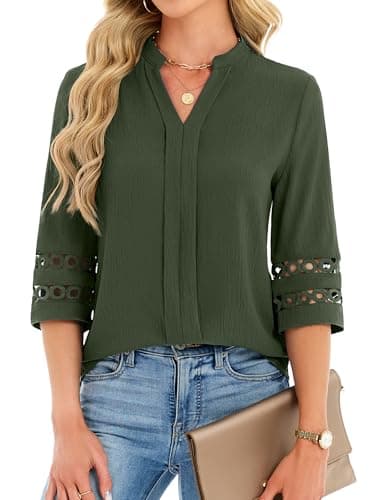 Funlingo 3/4 Sleeve Womens Tops and Blouses Dressy Casual V Neck Lace Blouses Business Work Pleated Tunic Shirts Spring Office Outfits Army Green 3XL - Image 1