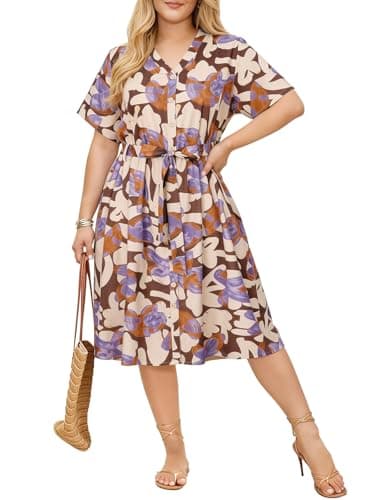 Charming Ashley Plus Size Women's Dress 2026 Summer V-Neck Short Sleeve Midi Dress with Pockets Beach Resort Wear 1X-5XL Coffee - Image 1